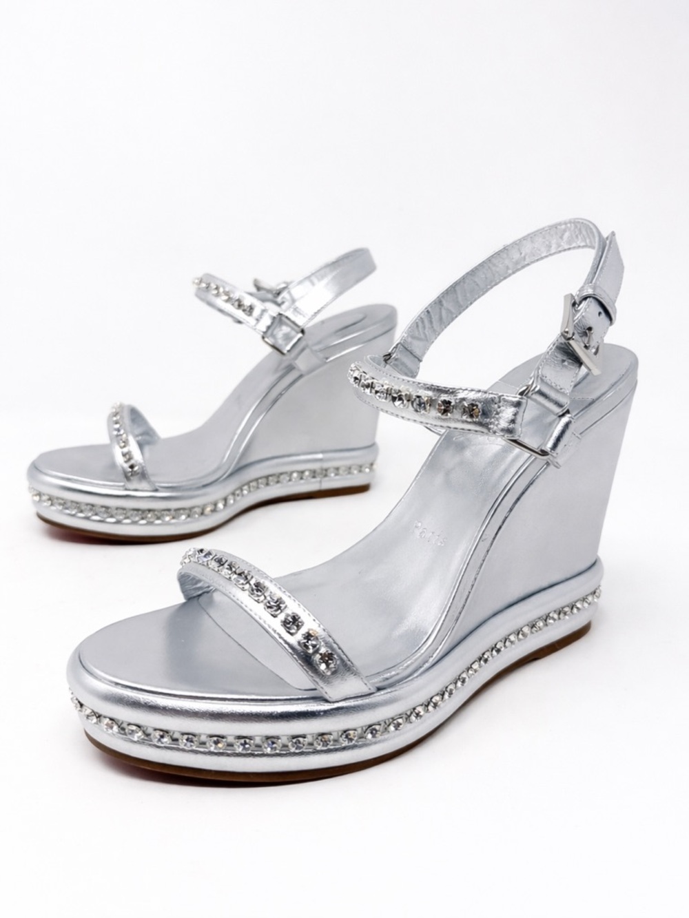 Christian Louboutin Pyrastrass Silver Crystal Wedge Sandals Womens Size EU 39